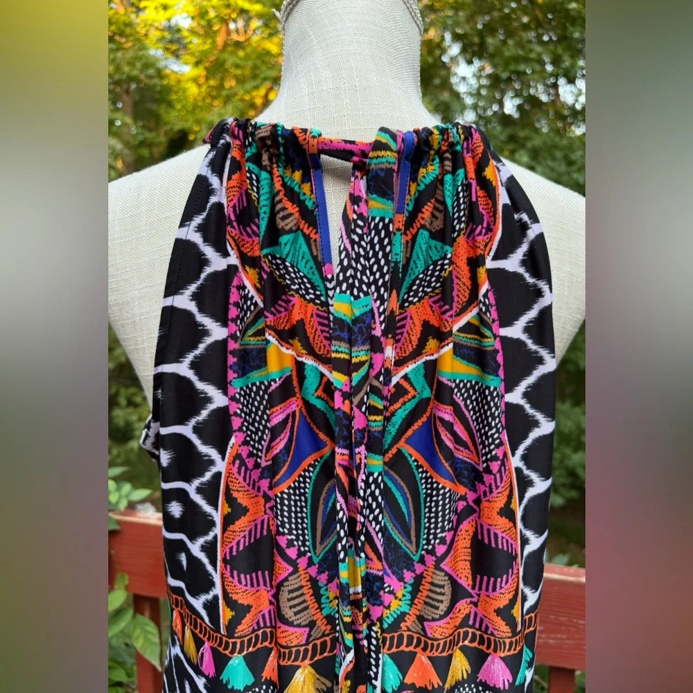 TRINA TURK  Abstract Halter Dress- Size M - Great Colors -Fringe around bottom- - Picture 6 of 6